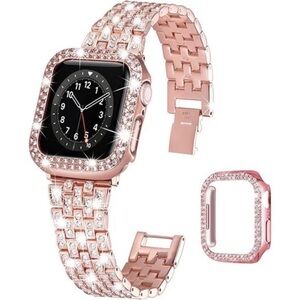 NEW Rose Gold Rhinestone Apple Watch Band+Case